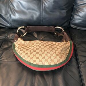 Authentic Gucci Canvas Bamboo Ring Half Moon Crescent Hobo